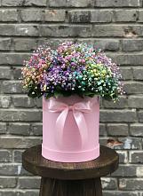 Цветочная композиция из Гипсофила и Розы в шляпной коробке в Акуше