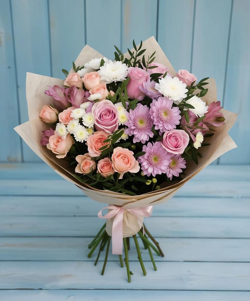 Букет цветов из: Хризантемы, Розы и Альстромерии в Акуше