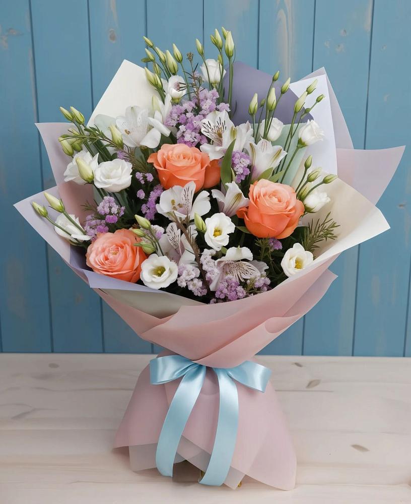 Букет цветов из: Лизиантусы, Розы, Альстромерии и Гипсофила в Акуше